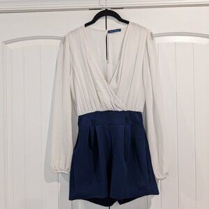 Flowy top with navy bottom jumpsuit/romper